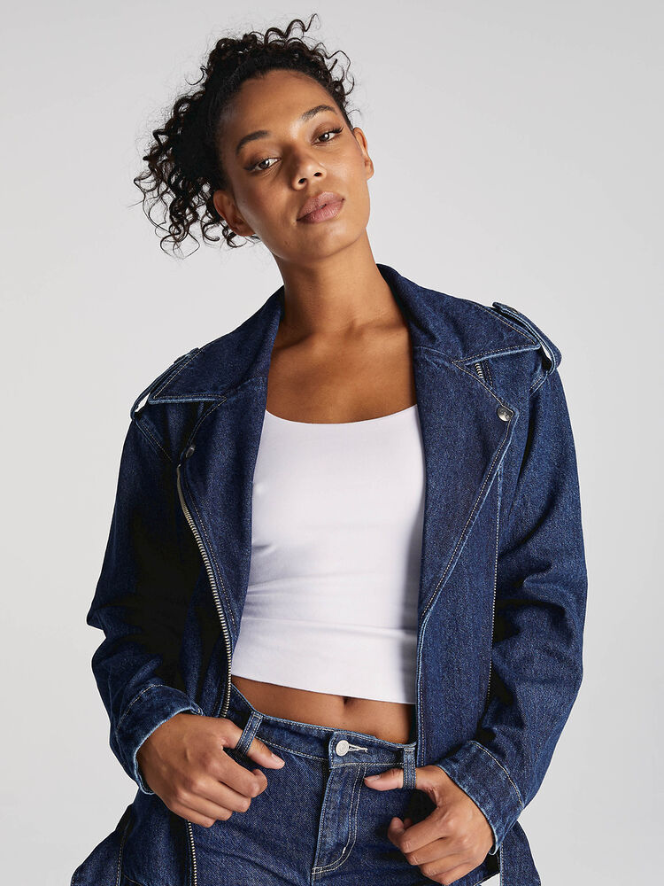 Blue oversized denim bikers jacket from Lee Denim, made from cotton