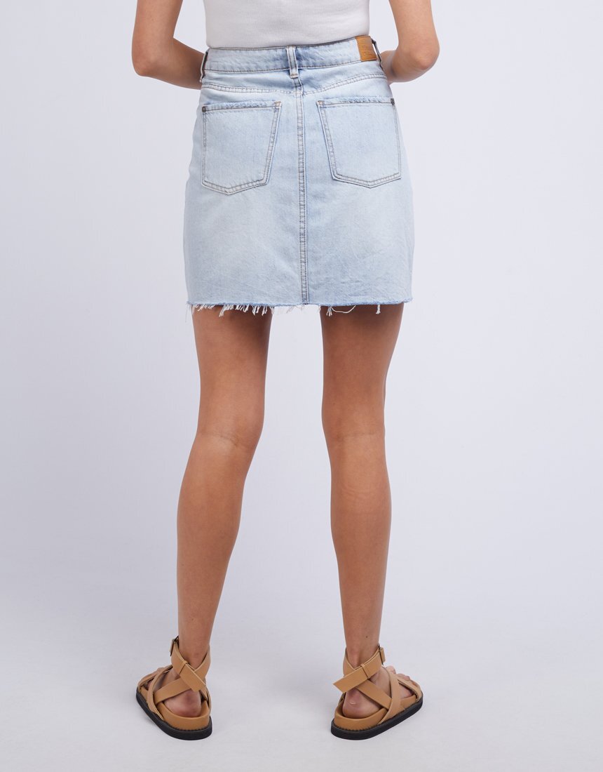 All About Eve Blair split skirt is rigid cotton denim, has a high waist, split front hem and mini in length