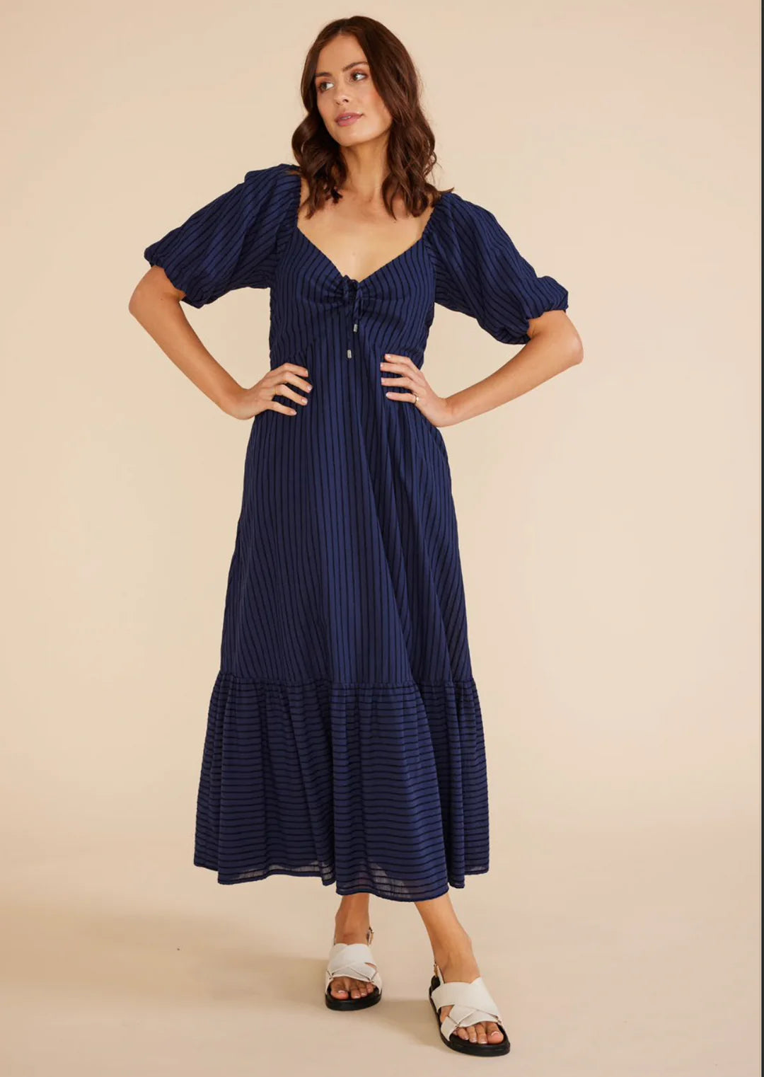 Minkpink Arielle midi dress with Sweetheart neckline with gathered tie at bust, puff sleeves and Midi length
