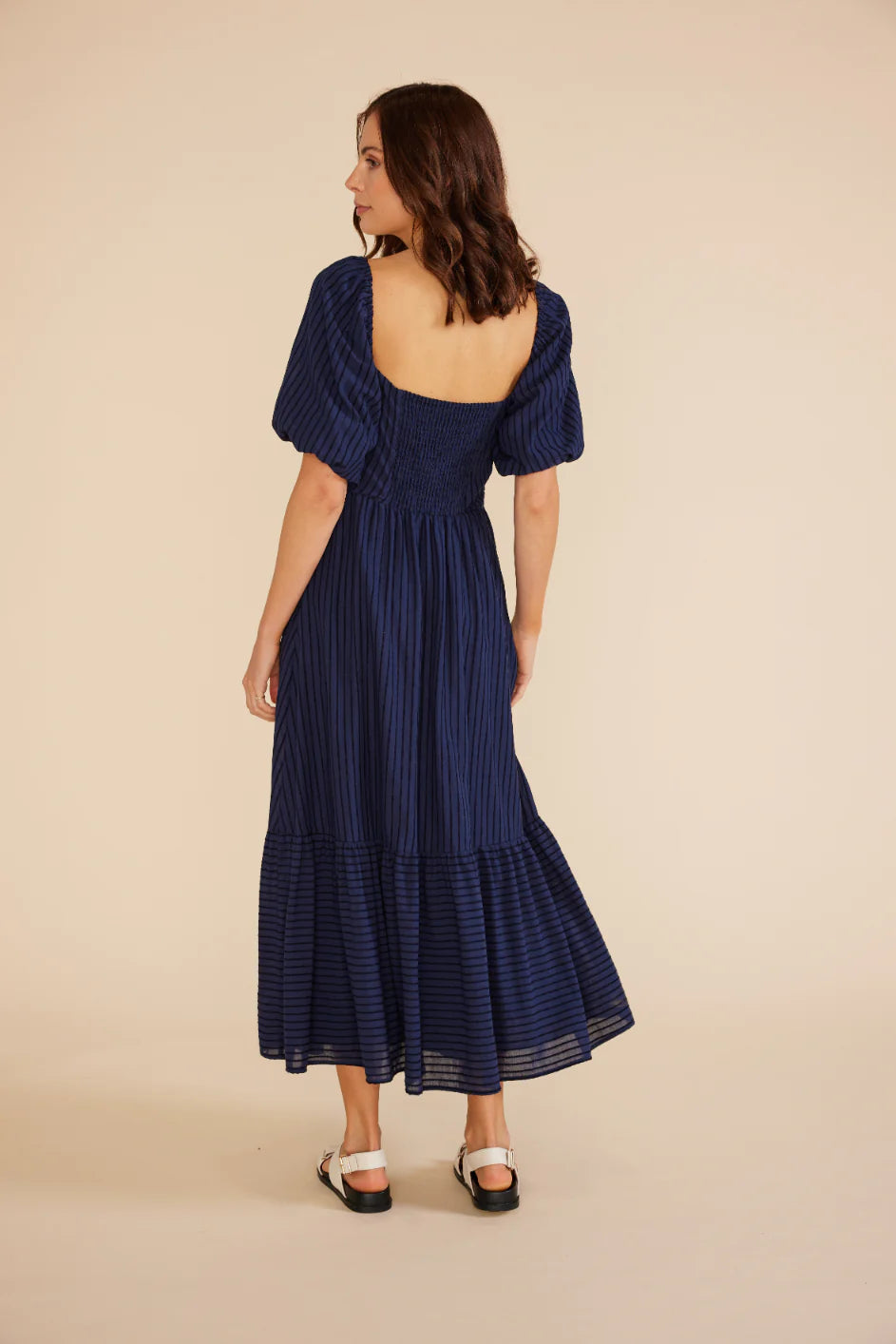 Minkpink Arielle midi dress with Sweetheart neckline with gathered tie at bust, puff sleeves and Midi length