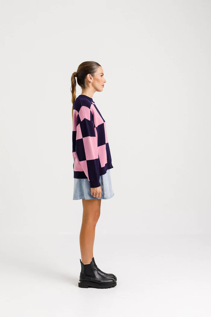 Thing Thing Cleo Check It Jumper in a ballet navy colour