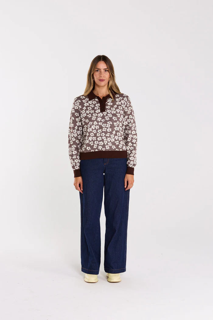 Ribbed Cuffs, Hem and Collar
Button Down Collar Floral Motif
