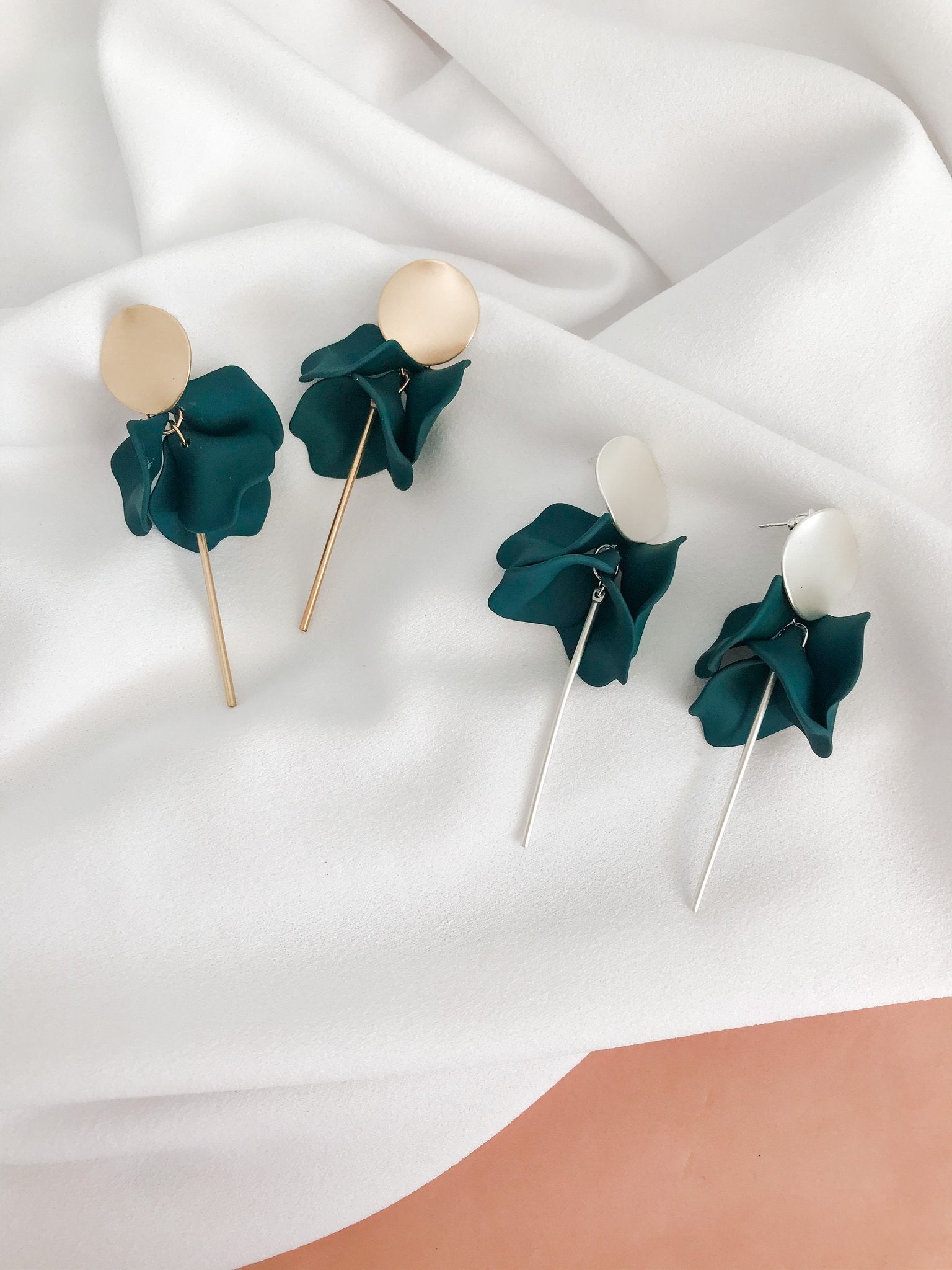 Flora Dangles Earrings - Peacock Green with Silver