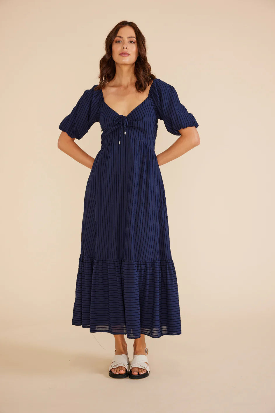Minkpink Arielle midi dress with Sweetheart neckline with gathered tie at bust, puff sleeves and Midi length
