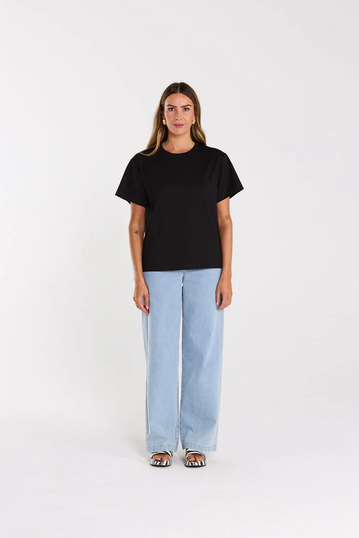 Prime Tee has a looser fit, straight hem, ribbed neck line cropped length. cotton