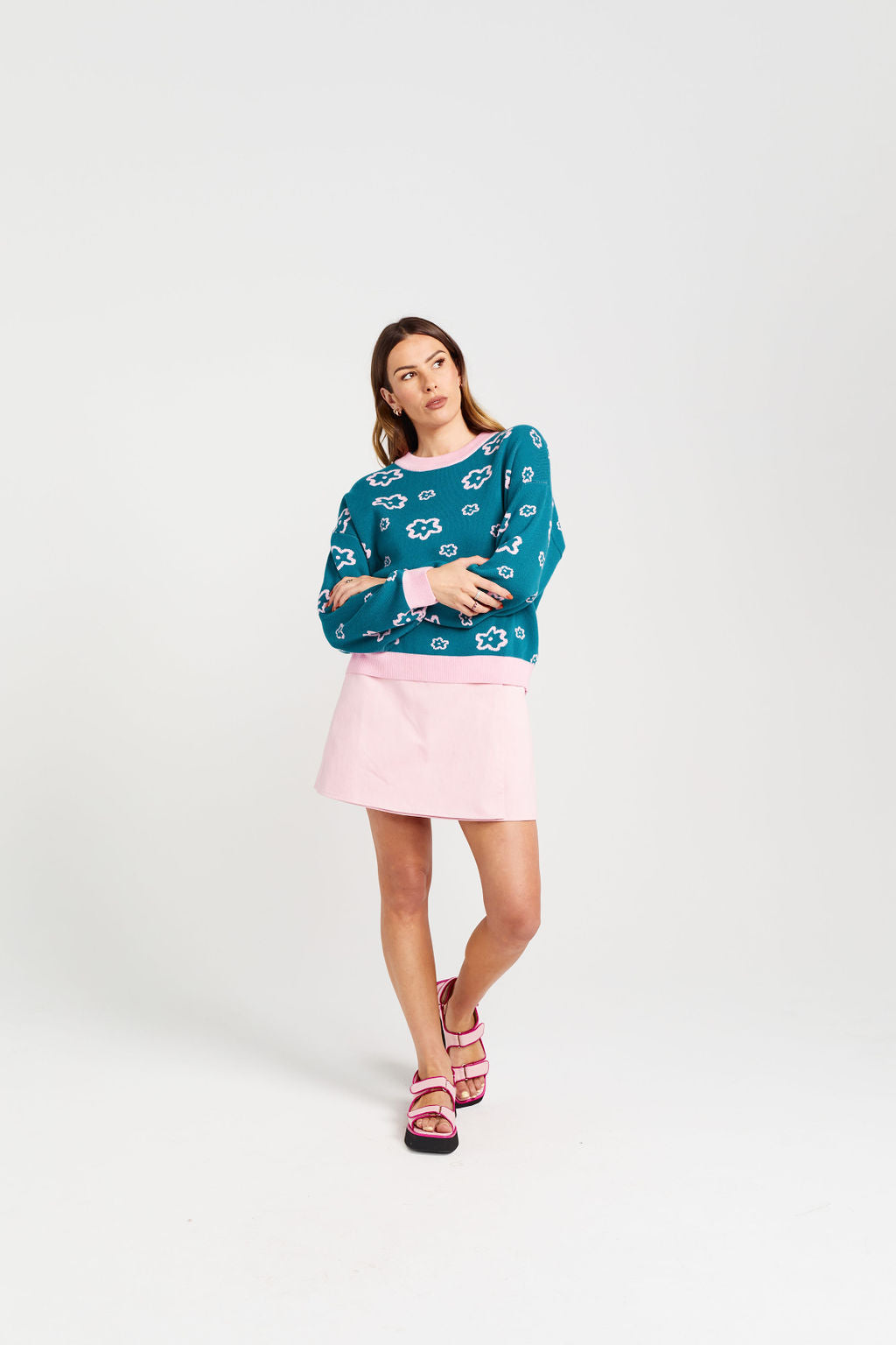 Women's teal jumper with pink flowers by Thing Thing