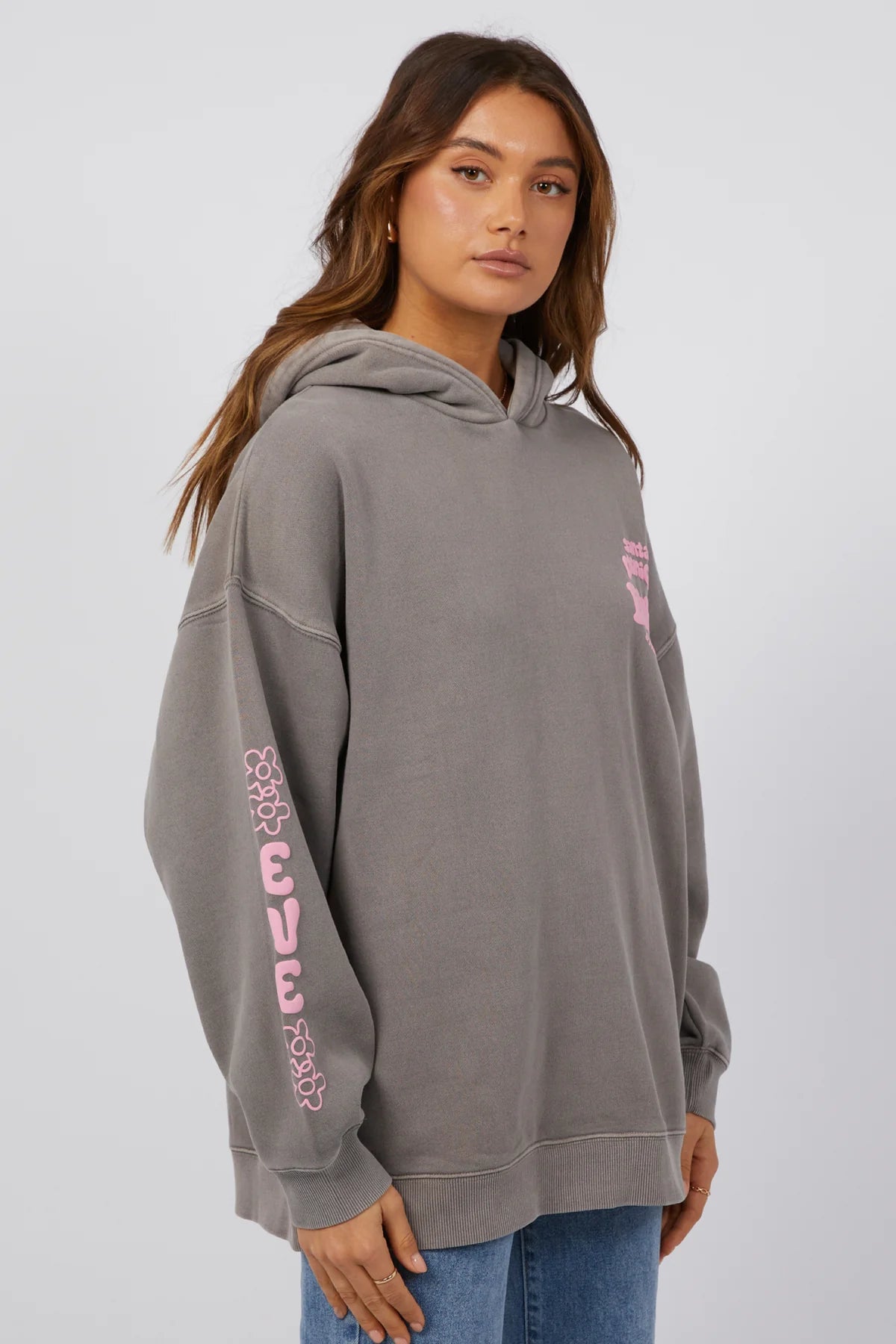 Oversized fit hoodie from All About Eve. Grey hoodie with pink writing