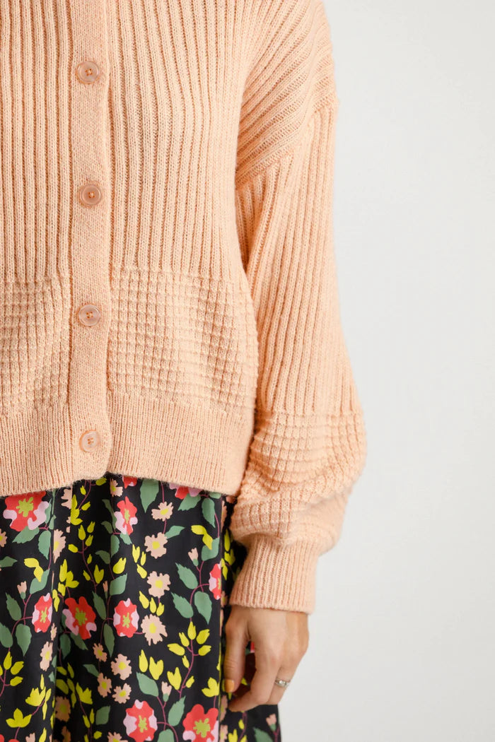womans cardigan, two different textures. Thing Thing knit New Zealand