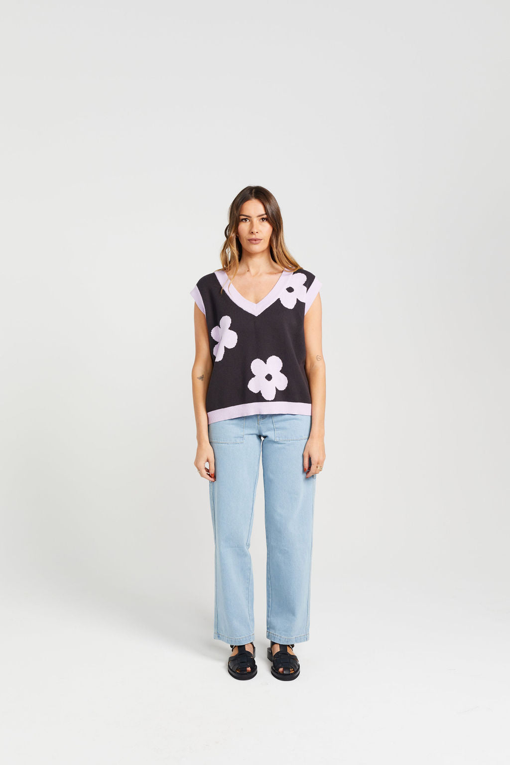 Women's vest for spring and summer NZ. Navy blue with lilac flowers