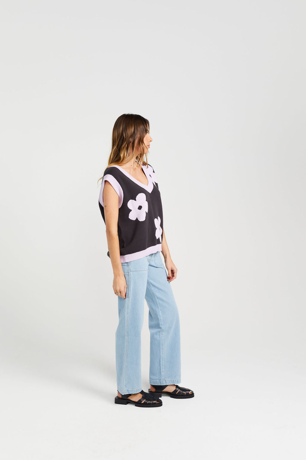 Women's vest NZ. Spring and summer vest. Navy blue vest with lilac flowers