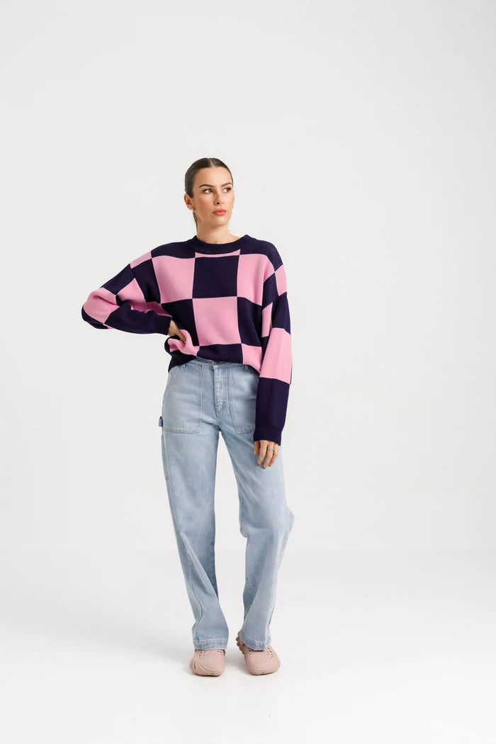 Thing Thing knit jumper. Cotton jumper navy blue and pink colour