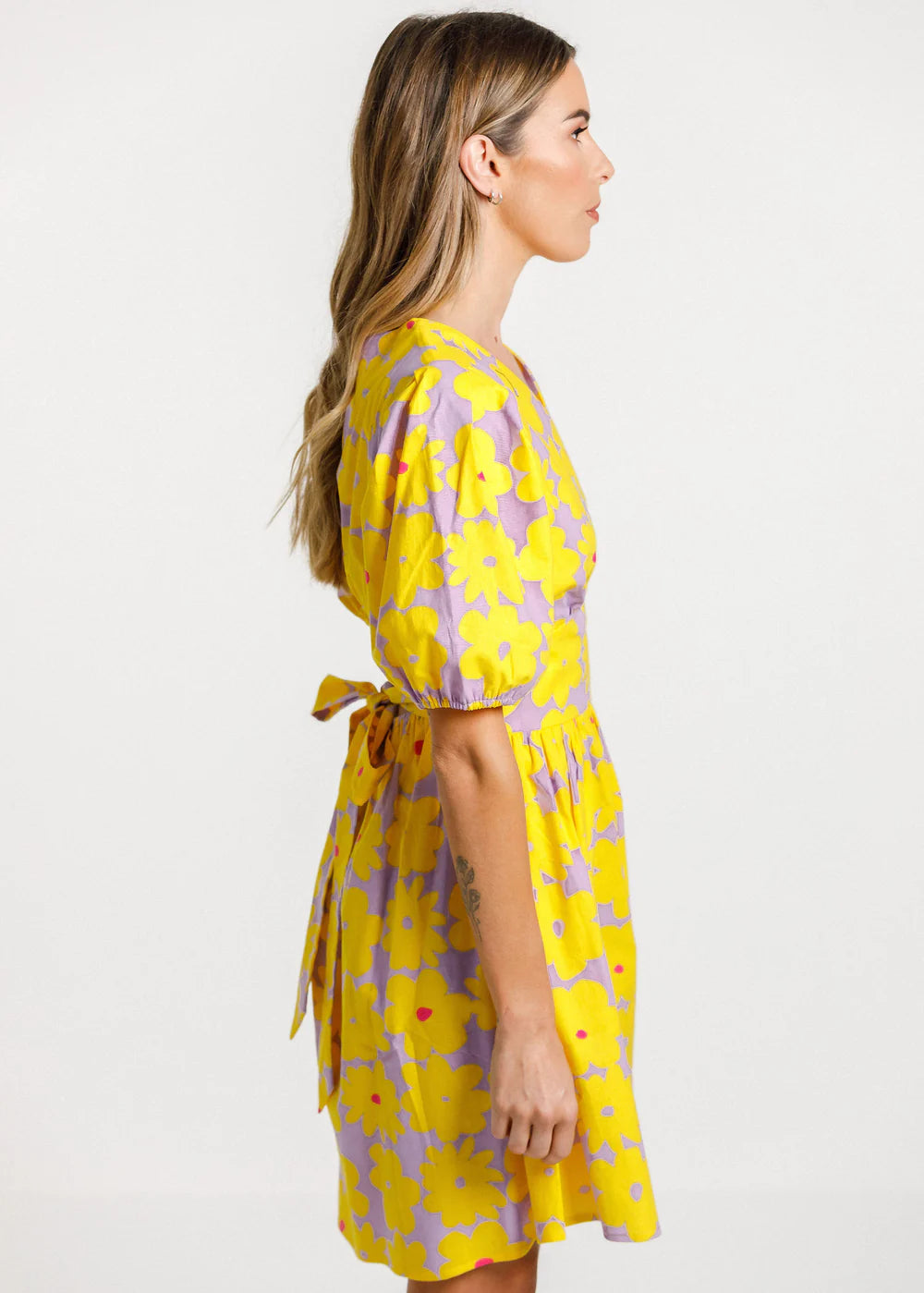 Thing Thing cotton women's dress. Tropicana print with puffed shoulder detail, and cut out with tie feature at the back