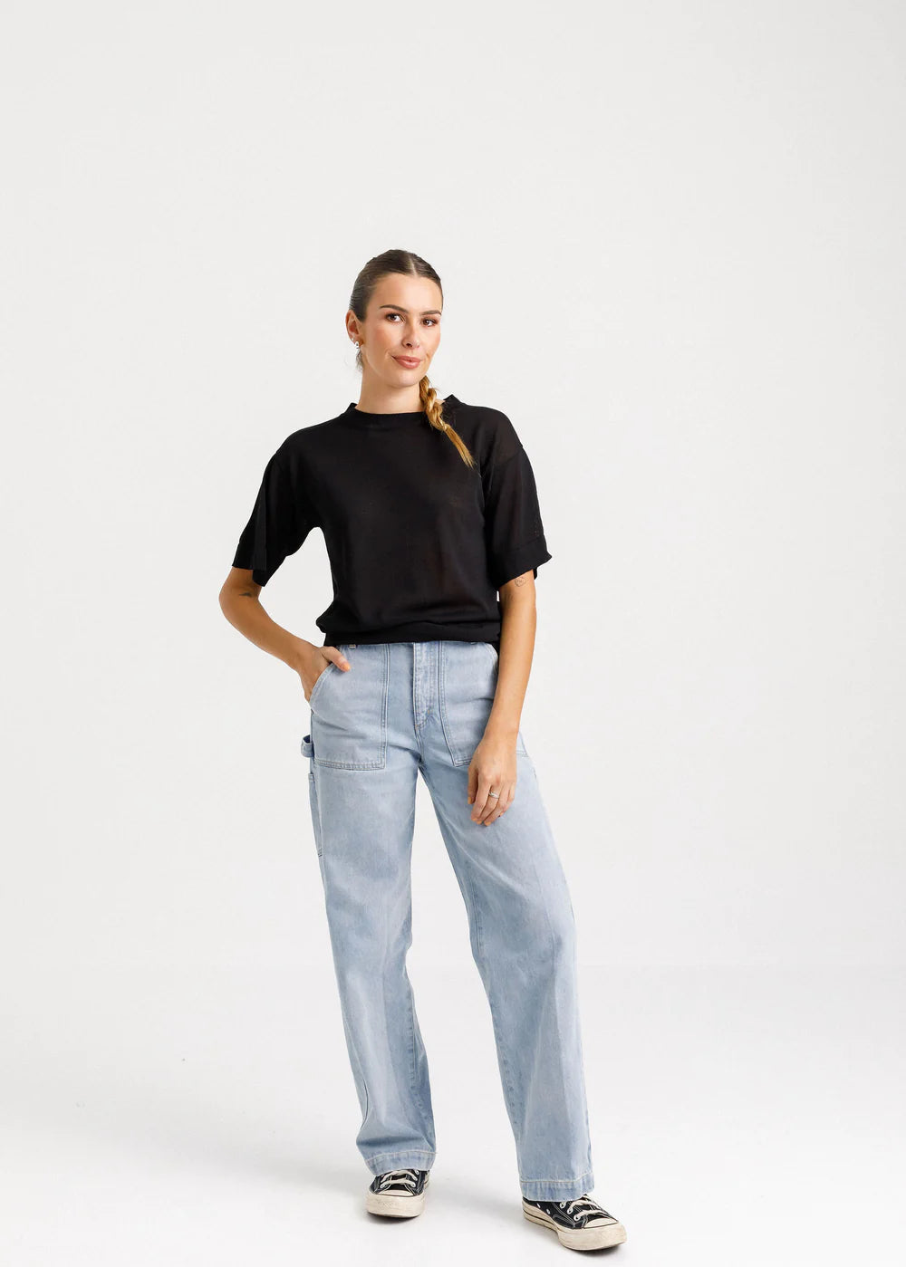 Black sheer crew neck knit, cotton