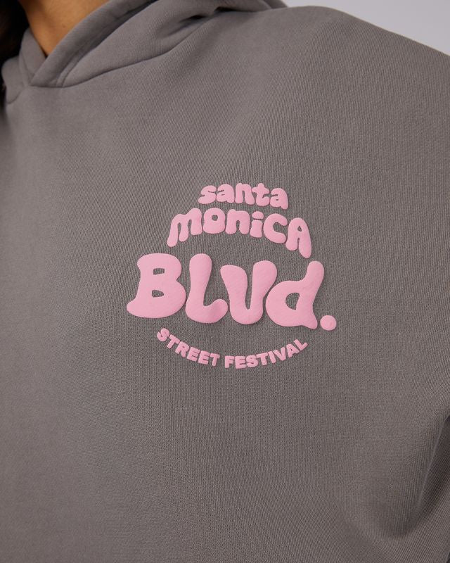Womens oversized hoodie. Grey with pink. All About Eve Santa Monica hoodie