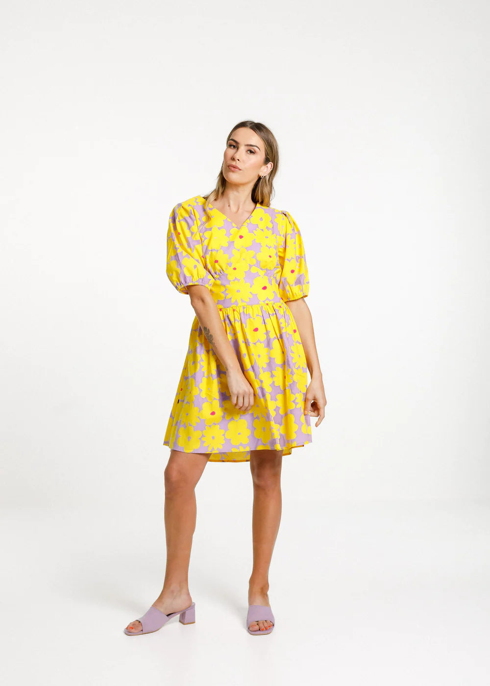 Thing Thing women's dress. Purple dress with yellow flowers, available in New Zealand