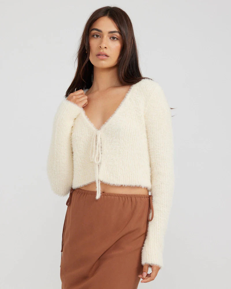 cream knit and tie detail cropped carigan