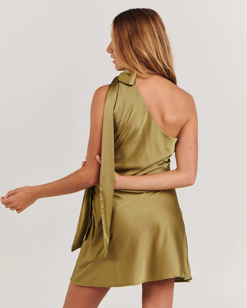 Green asymmetric mini dress hint-of stretch