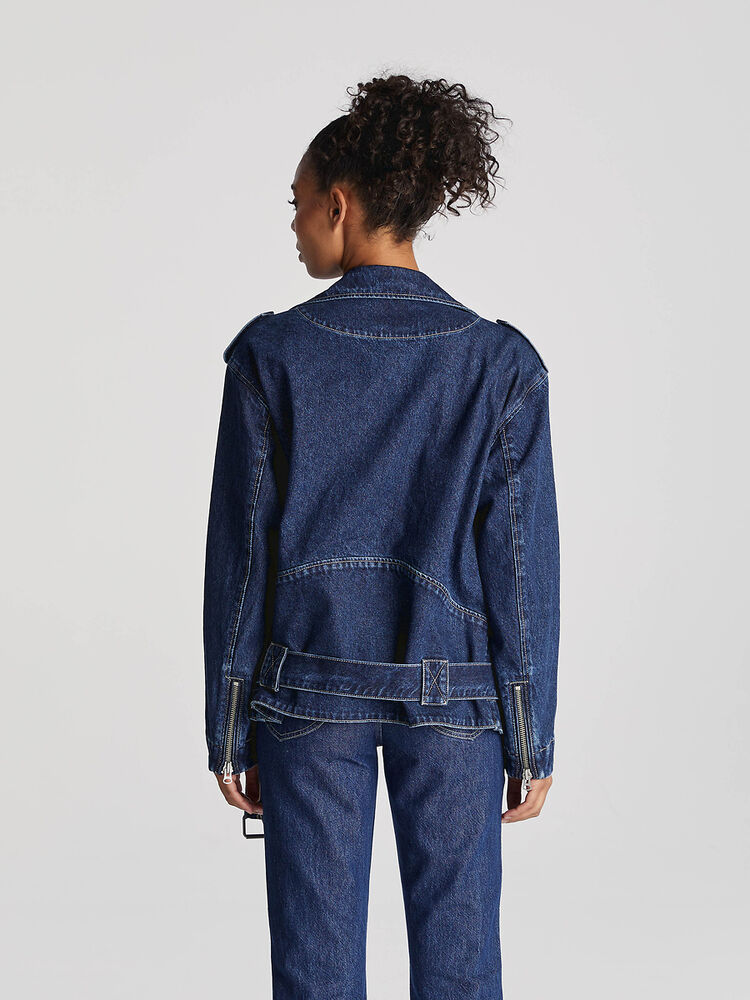 Oversized blue denim bikers jacket made from cotton