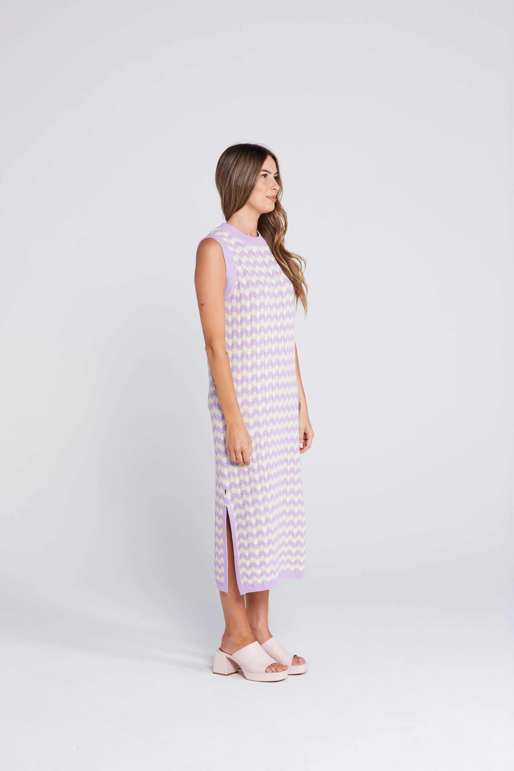 cotton, 100%cotton. purple and cream and midi length