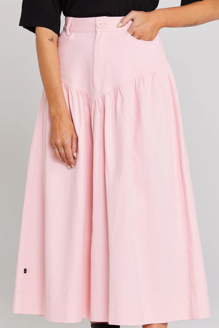 pink cotton skirt, midi length and cotton