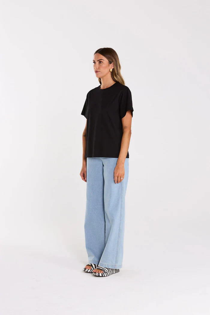 Prime Tee has a looser fit, straight hem, ribbed neck line cropped length. cotton
