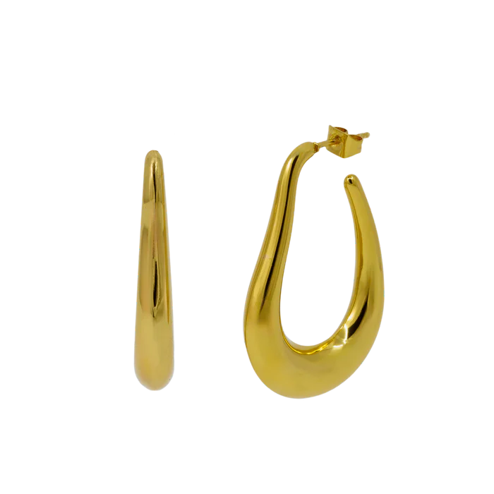 A pair of gold-colored hoop earrings with a curved oval shape, crafted from high quality 18k Gold Plated Stainless Steel.