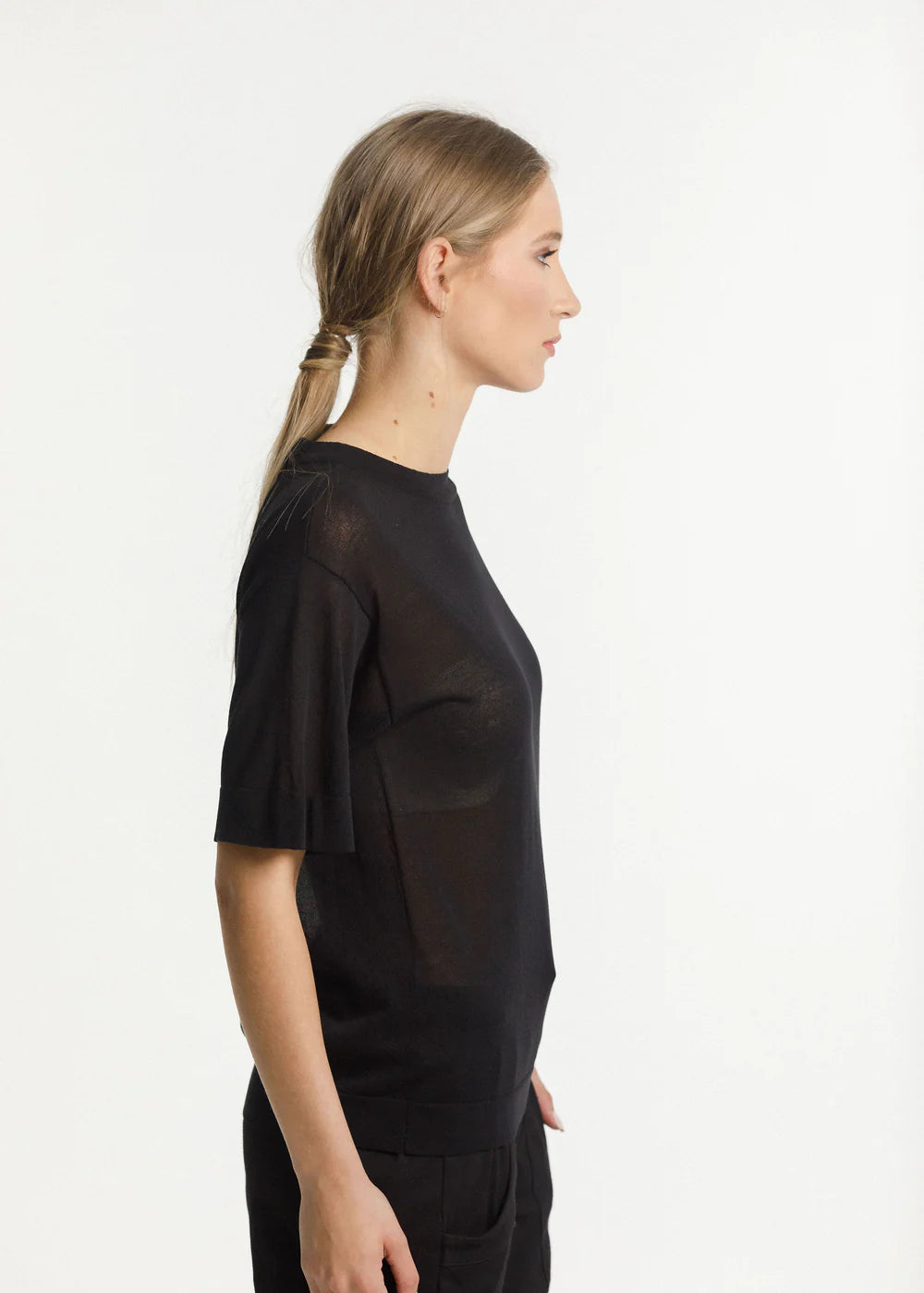 black crew neck sheer knit, cotton