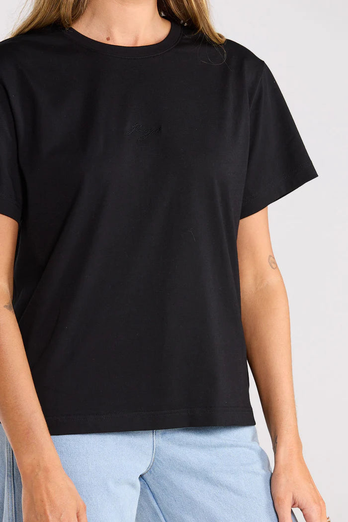 Prime Tee has a looser fit, straight hem, ribbed neck line cropped length. cotton