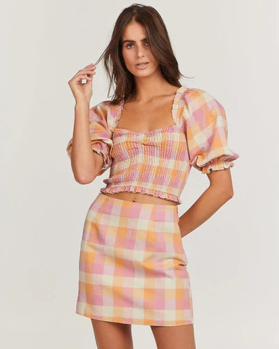 Charlie Holiday Andrea top with puff sleeves, cropped and linen blend New Zealand
