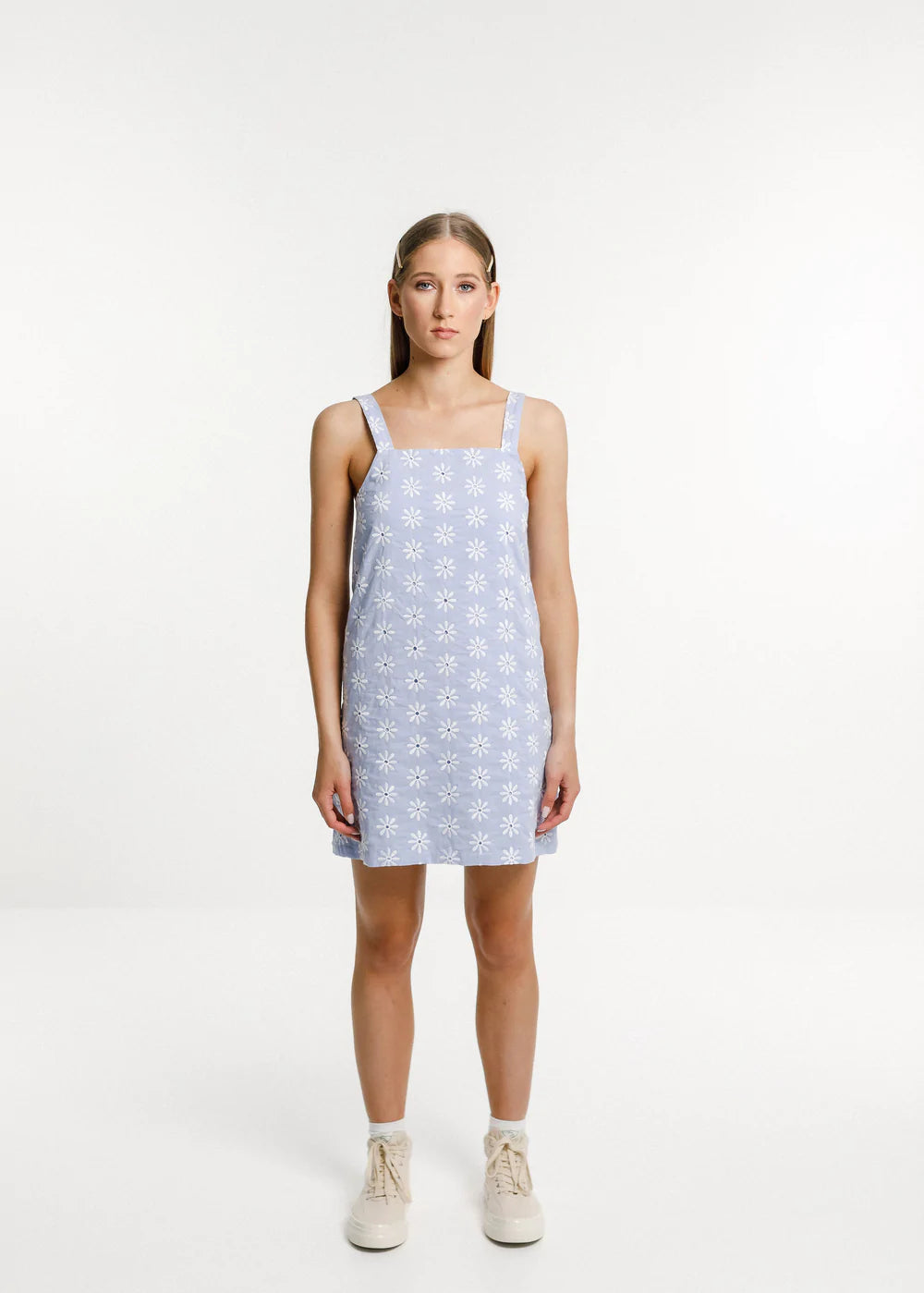 Light blue mini summer dress from Thing Thing NZ with daisy pattern