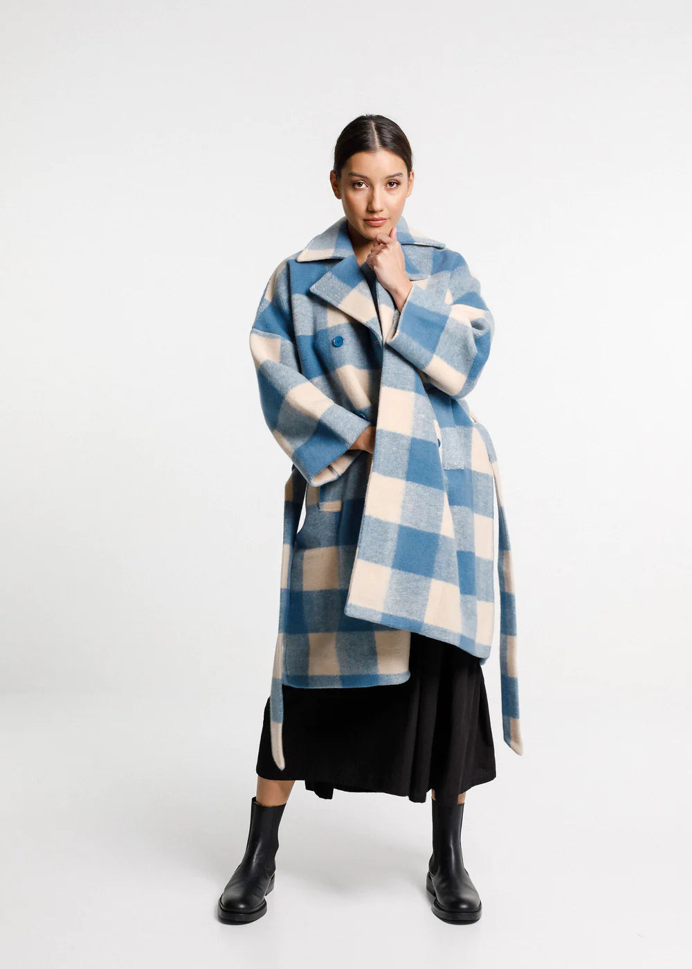 Double breasted, blue checked with wide label from Thing Thin