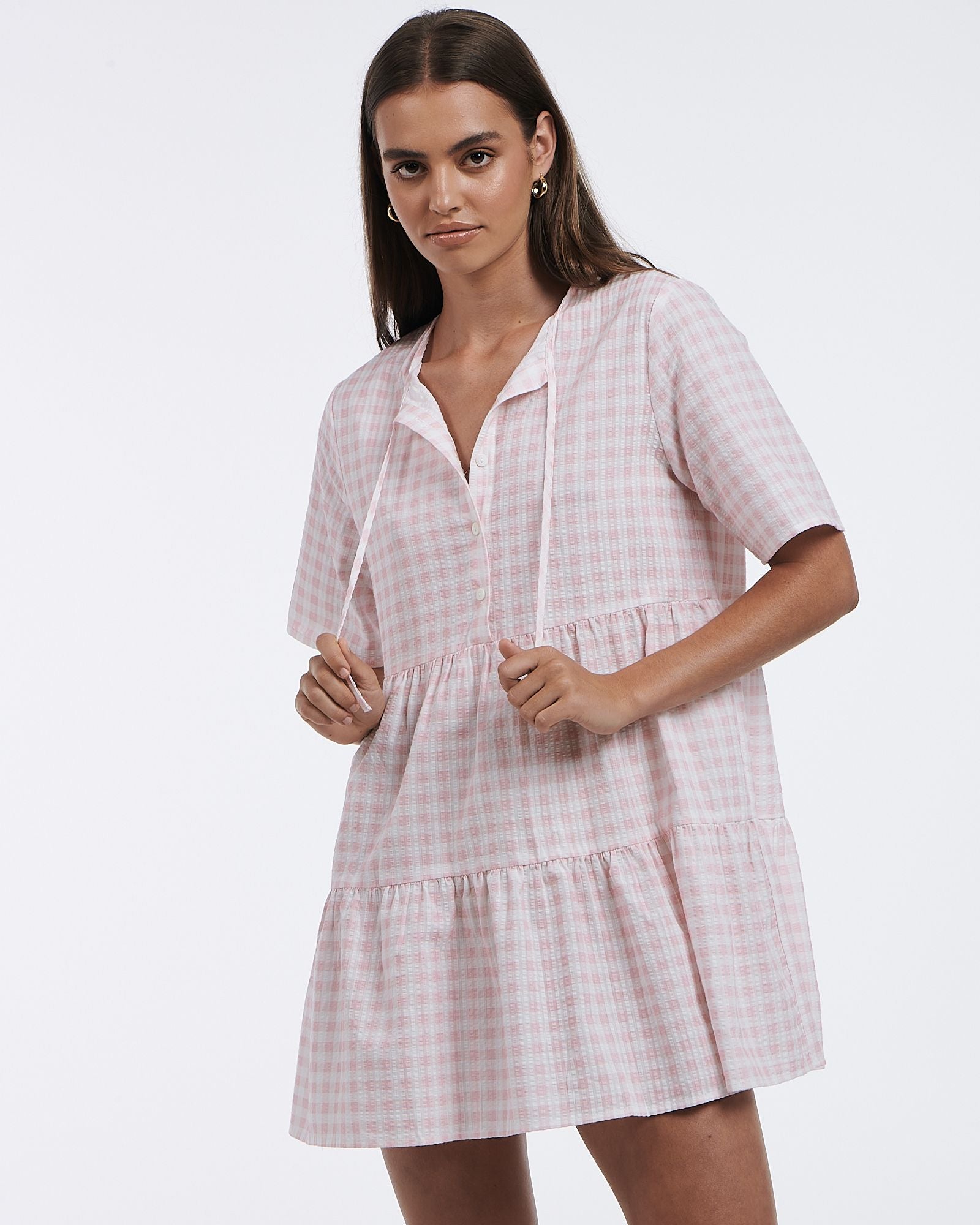 Charlie Holiday loose-fit mini cotton dress is super cute in pink gingham