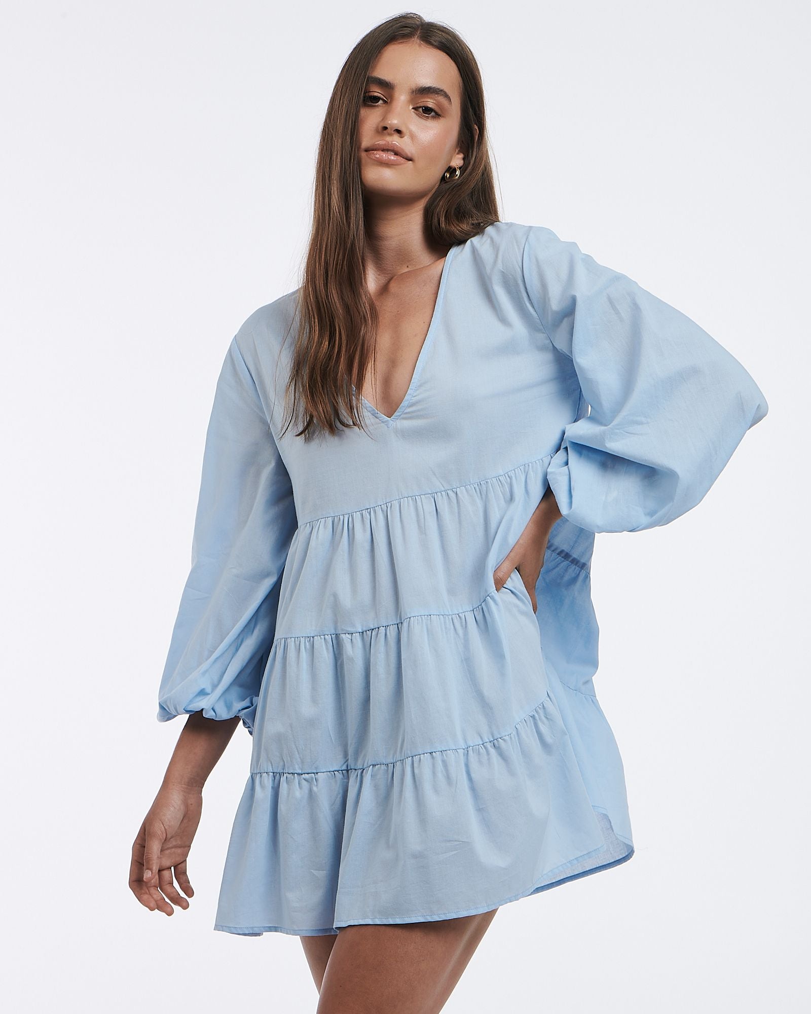 Agatha blue cotton dress from Charlie Holiday is a bohemian style, relaxed summer dress