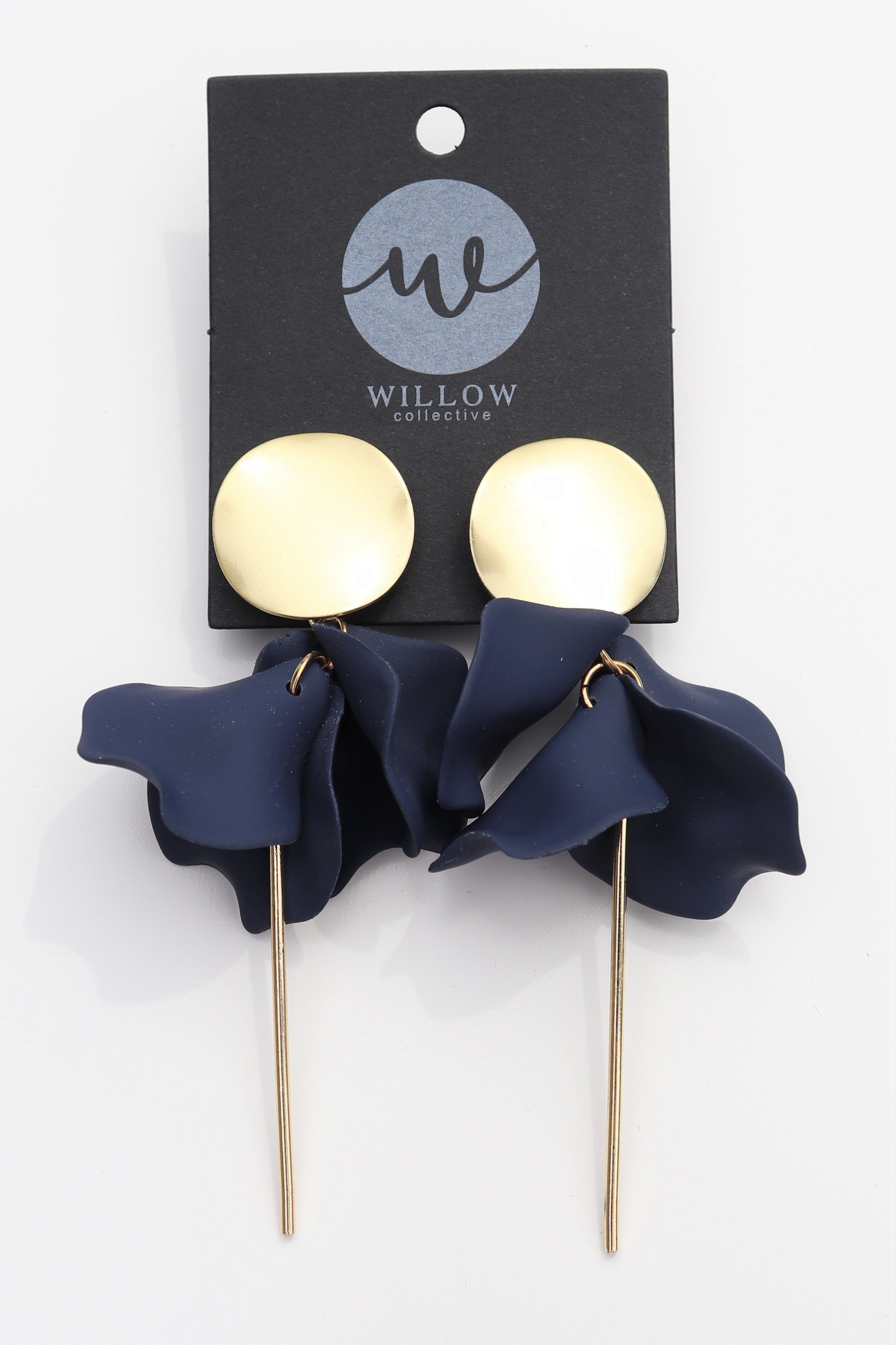 Navy Flora dangles earrings in silver or gold and hand-painted