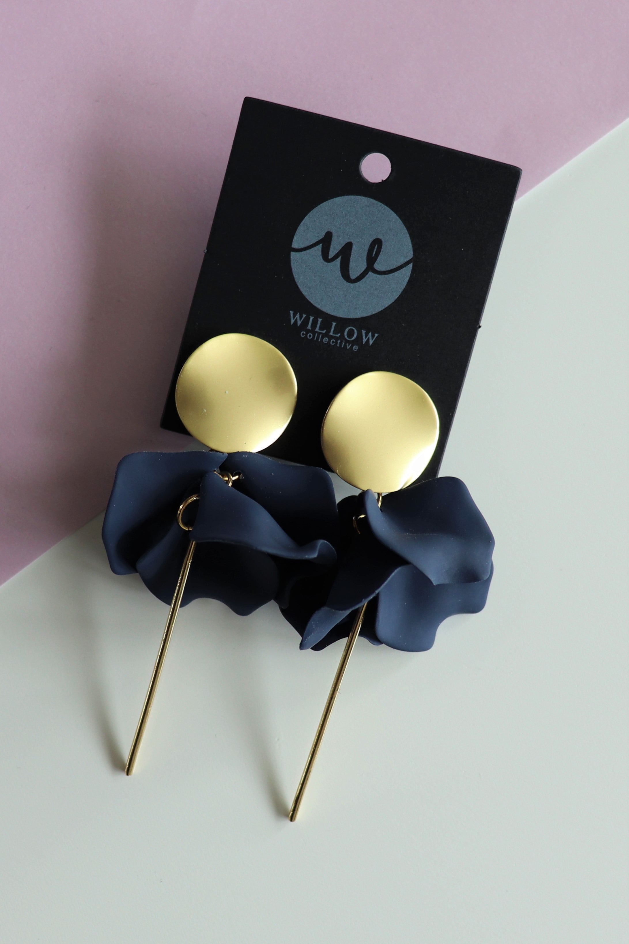 Navy Flora dangles earrings in silver or gold and hand-painted