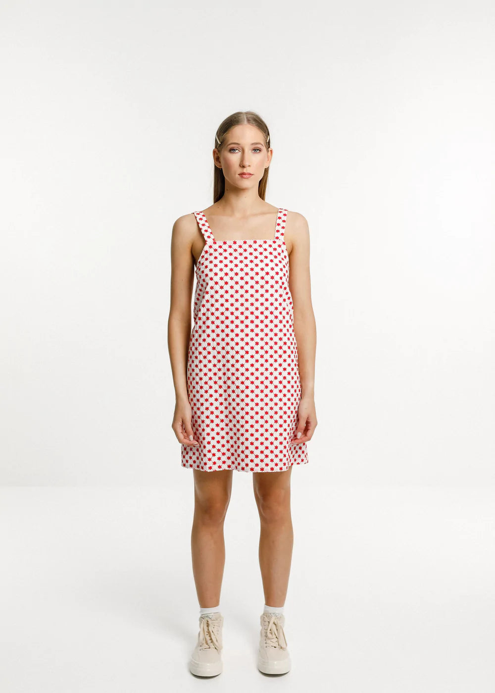 Red and white Audrey summer dress from Thing Thing with garden pattern