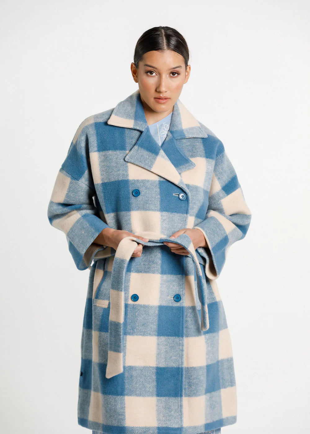 Double breasted, blue checked with wide label from Thing Thing