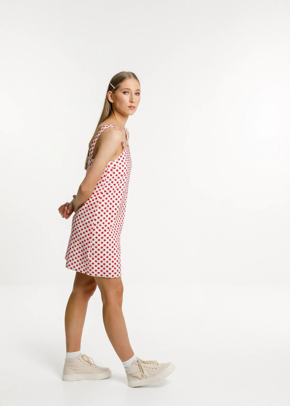 Red and white summer dress from Thing Thing with garden pattern
