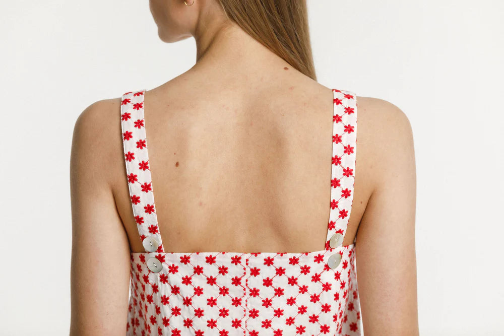 Red and white Audrey summer dress from Thing Thing with garden pattern