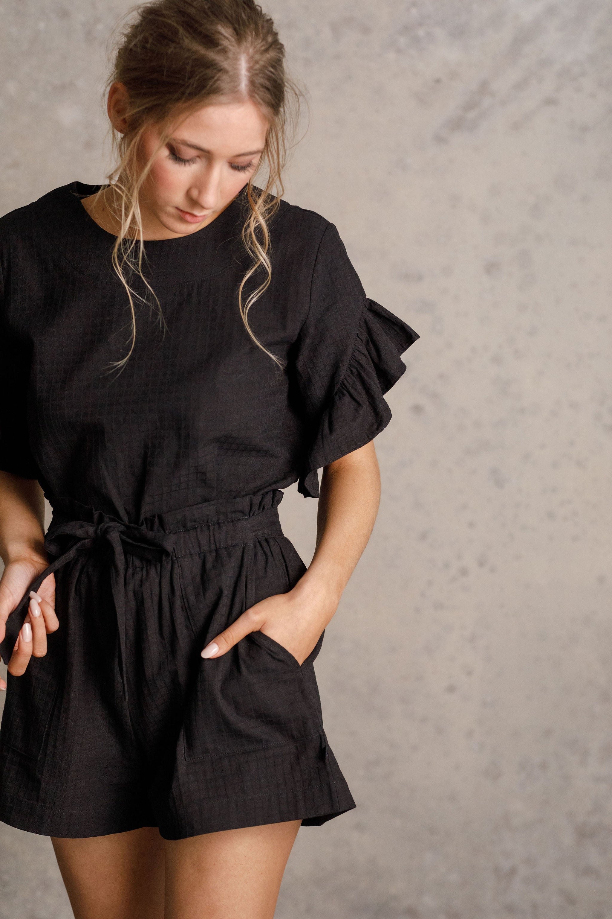 Thing Thing Wonder shorts, paper bag style ,elasticated high cut waist, and pockets