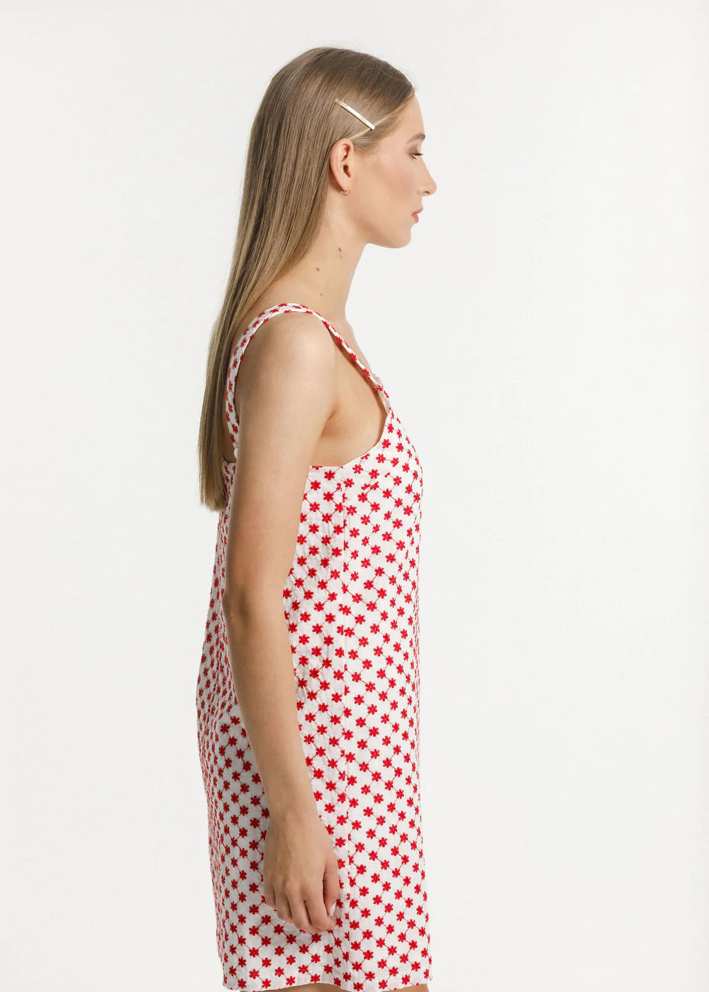 Red and white Audrey summer dress from Thing Thing with garden pattern