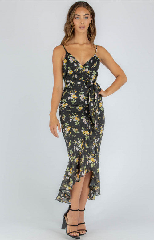 Floral v neck with adjustable straps Midi Dress, fully lined
