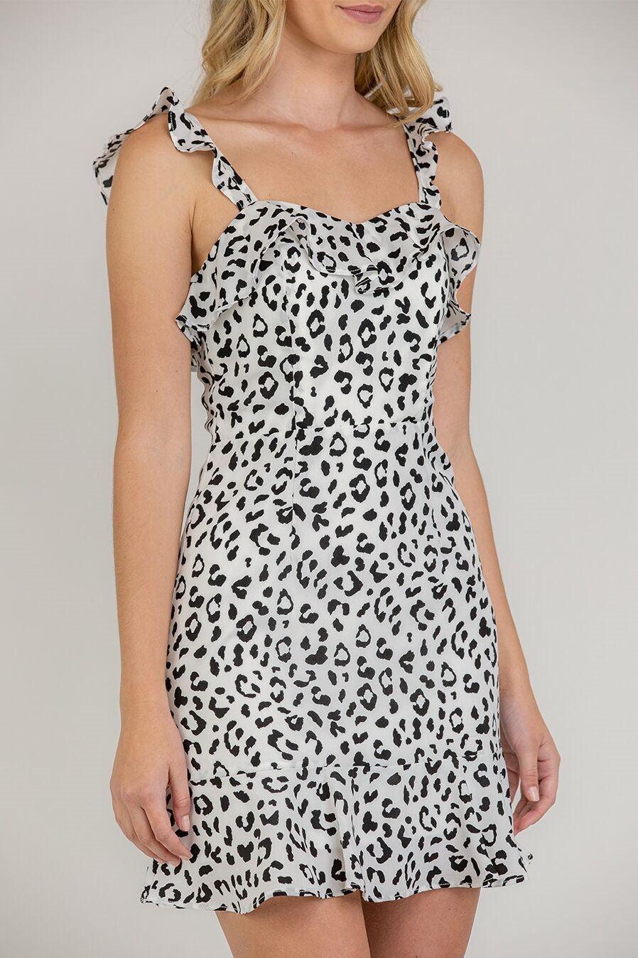 Leopard mIni dress with ruffle straps and mini length