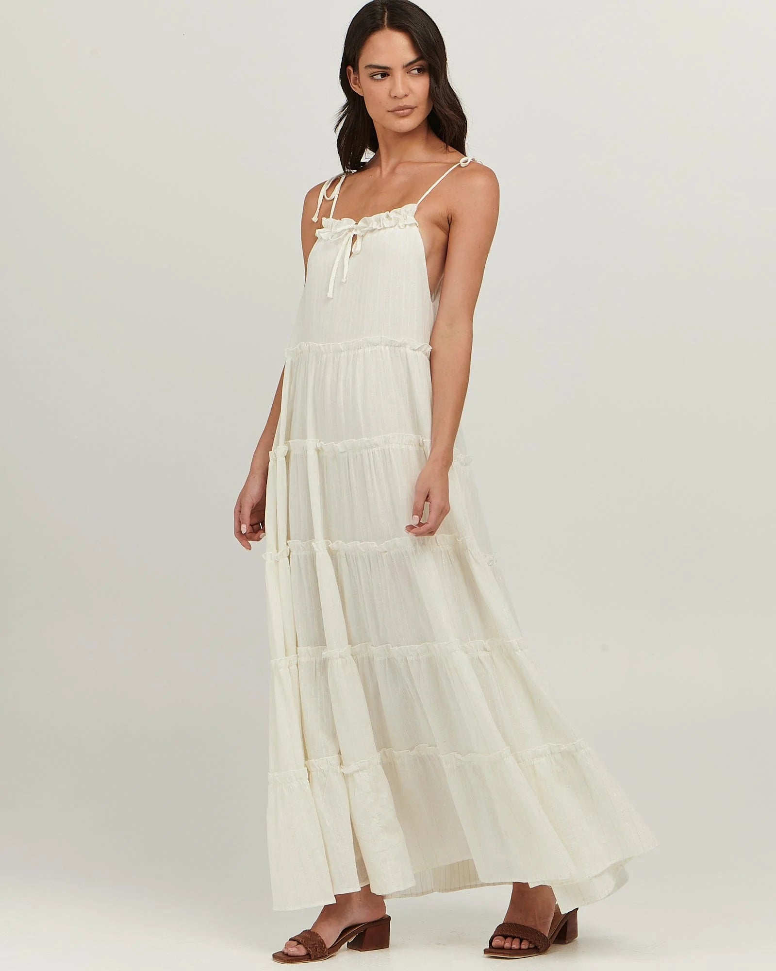 Cascading tiers, frills and tie-shoulder straps, maxi dress cotton