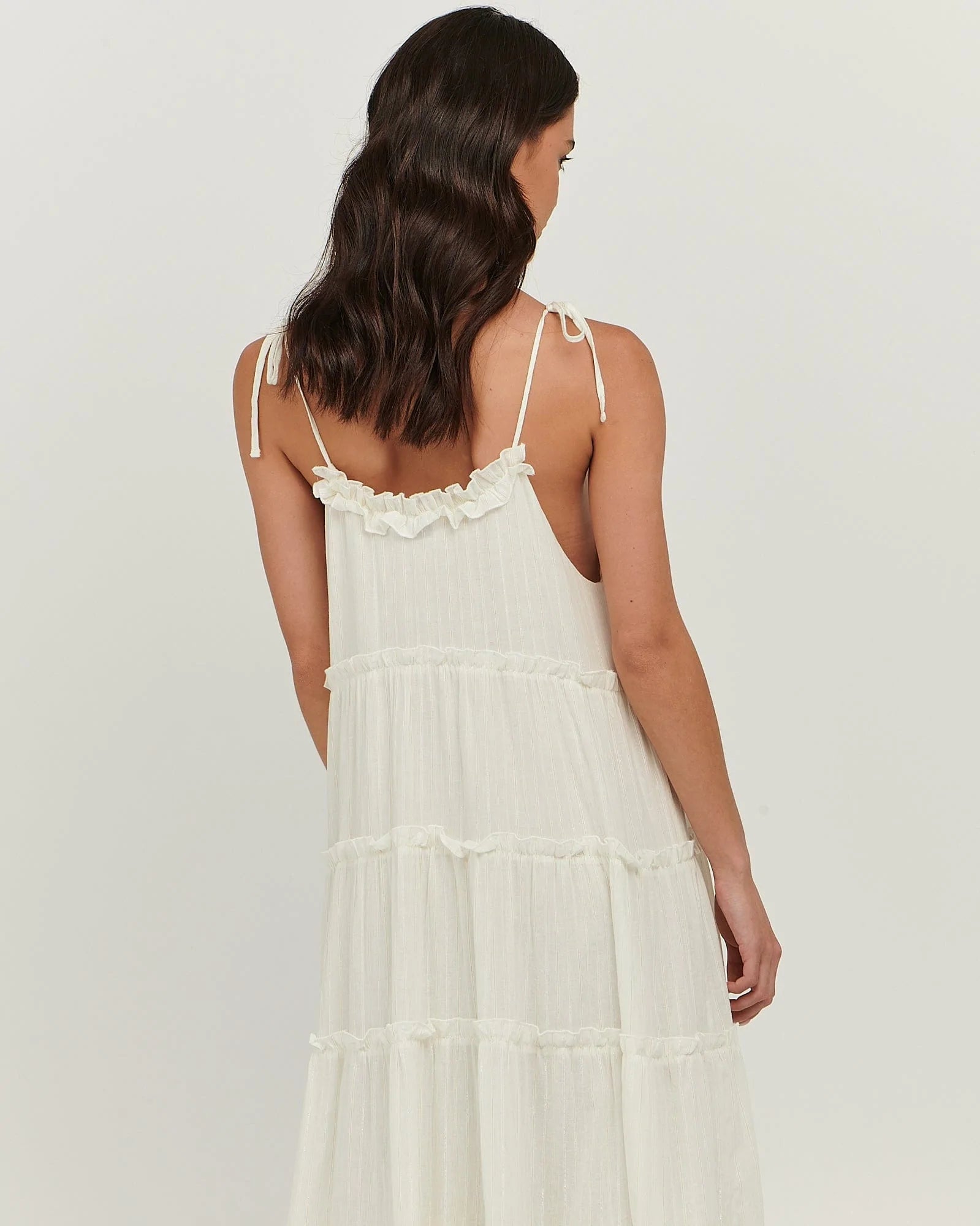 Cascading tiers, frills and tie-shoulder straps, maxi dress cotton