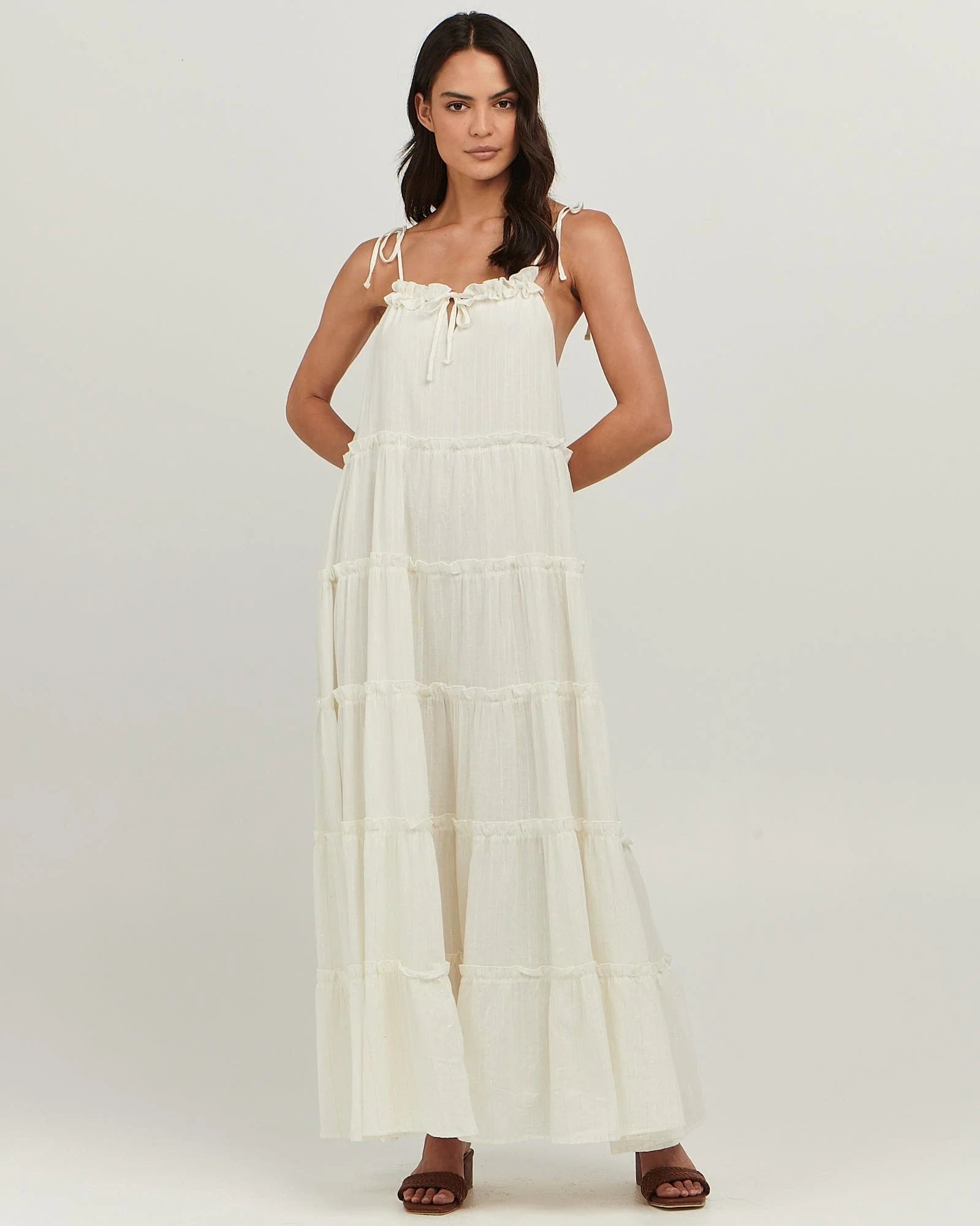 Cascading tiers, frills and tie-shoulder straps, maxi dress cotton