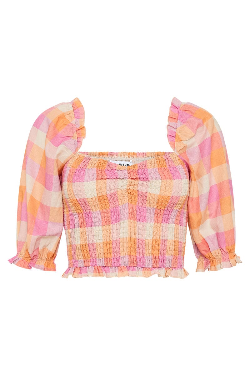 Charlie Holiday Andrea top with puff sleeves, cropped and linen blend New Zealand