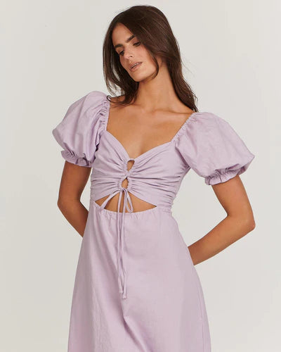 Healey dress with puff sleeve midi dress, sweetheart neckline; tie details with keyhole cut-outs