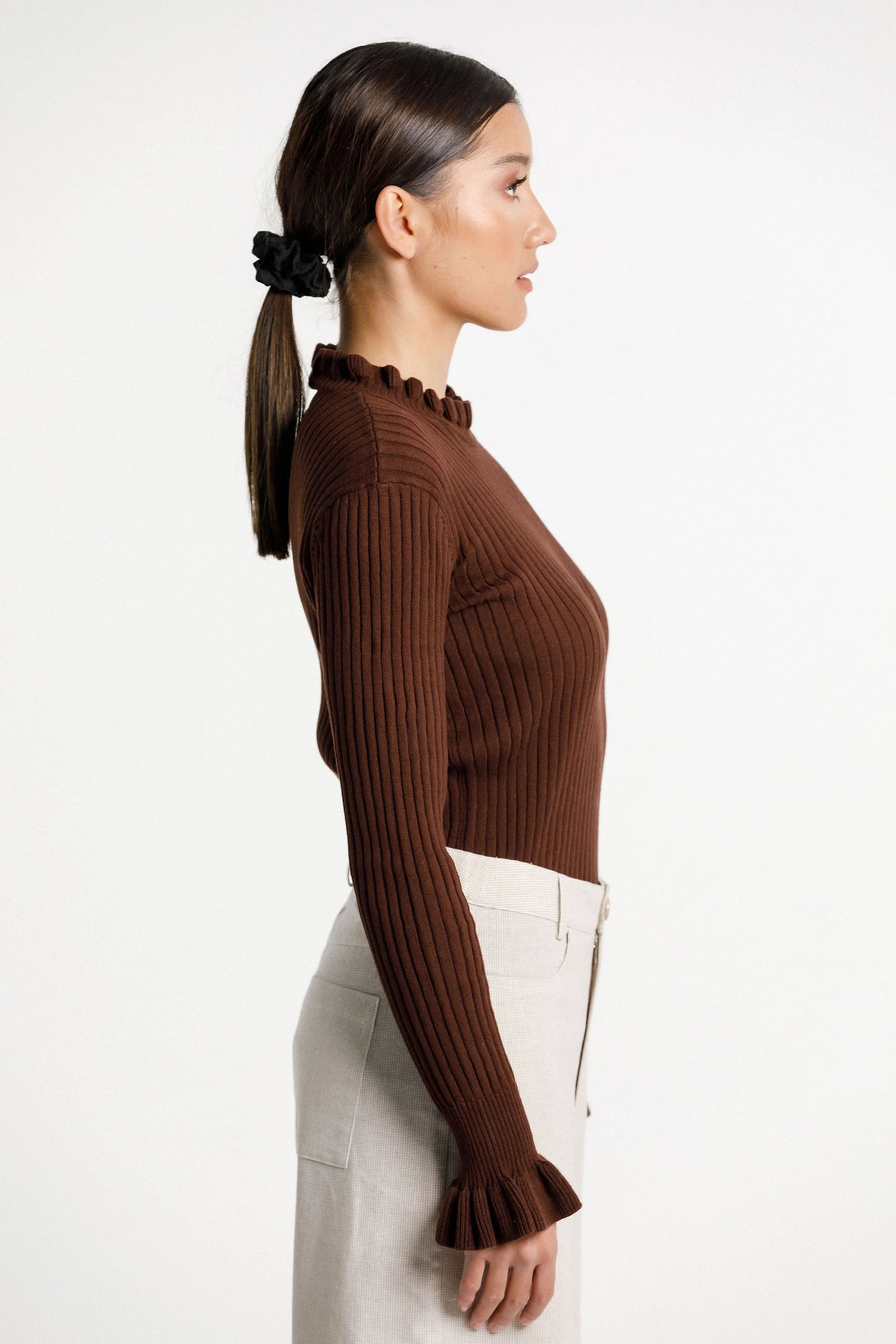 Ruffle long sleeve ribbed turtle neck, ruffle neckline and frilled sleeve