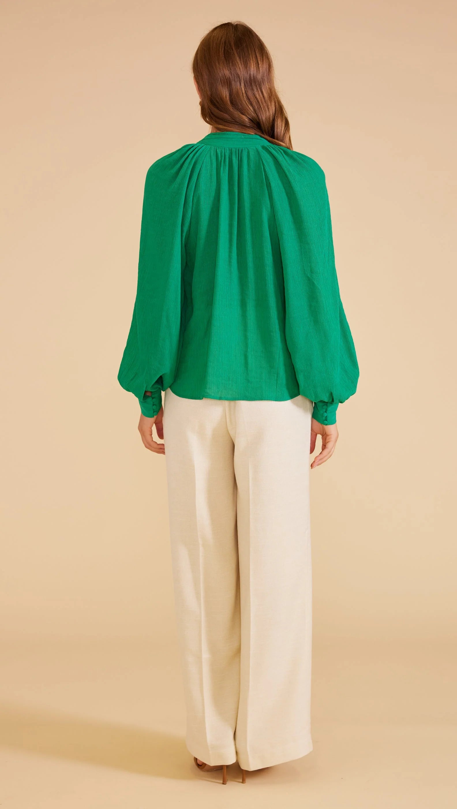 green collarless blouse, long sleeves and relaxed fit